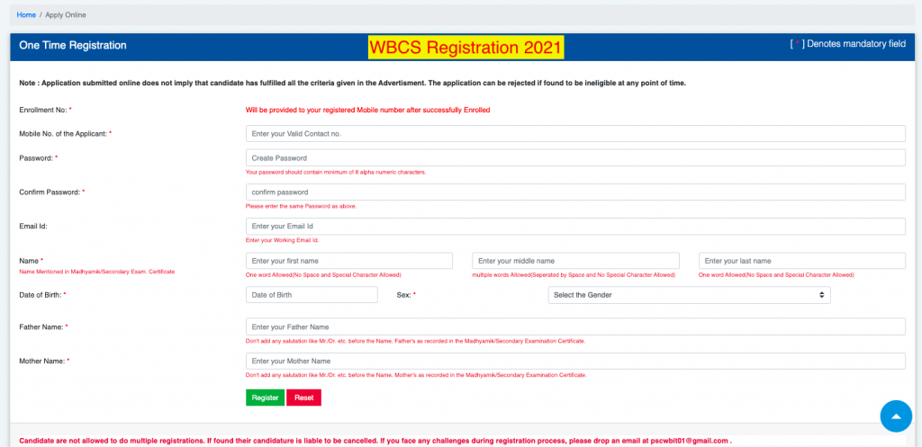 WBCS Registration Apply Online