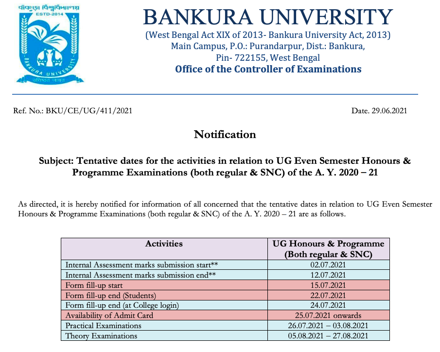 Bankura University Routine 2023 