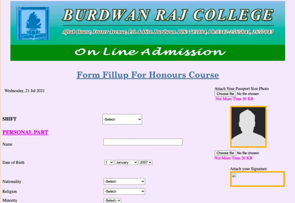 Burdwan Raj College Merit List 2024 here is the sample application form form admission in UG honours courses in science / arts / commerce 2024-25
