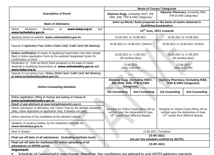 Haryana Polytechnic Admission 2024 DET Application Form Date