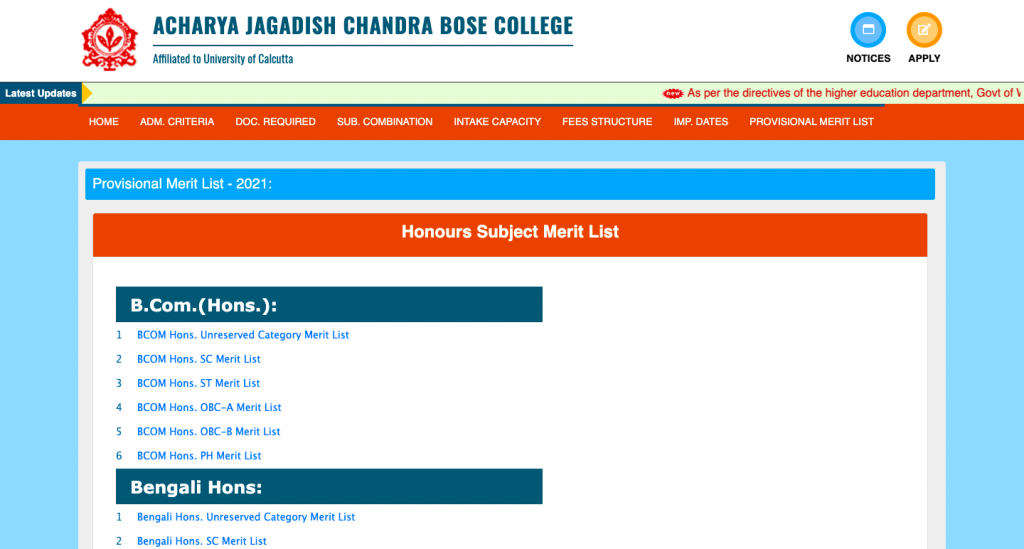 ajb bose college provisional merit list download notice 2024 at official homepage