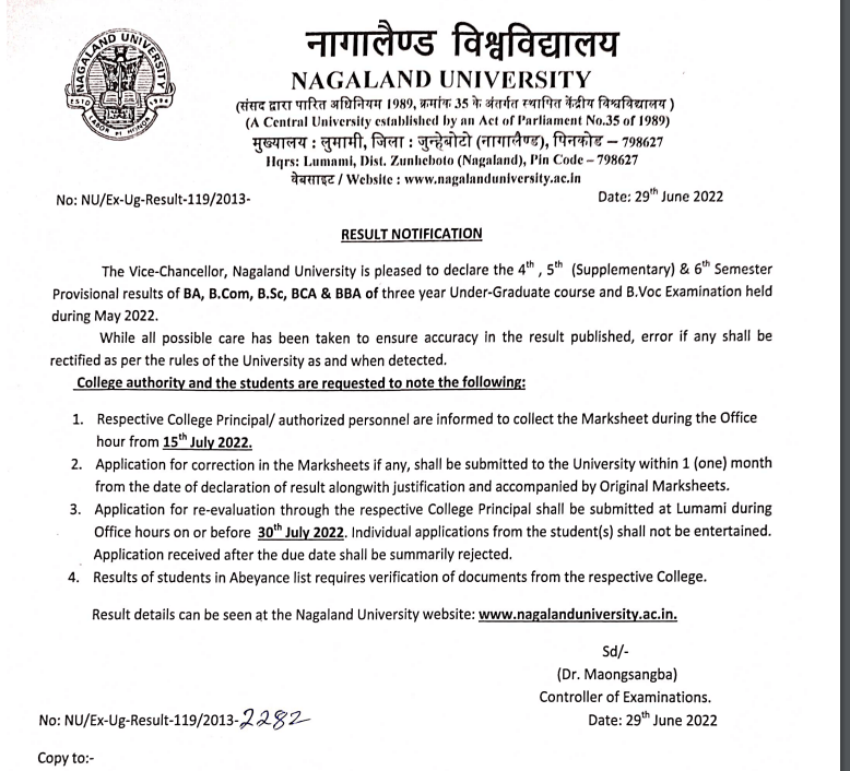 nagaland university 6th 4th sem result 2022 notice