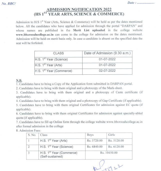 B Borooah College Merit List 2024 ; HS Admission List {Out}, BA, BSc, B.Com