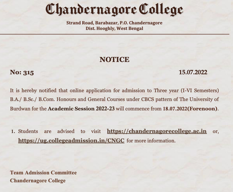 chandernagore college (duplex) merit list 2023 download admission list