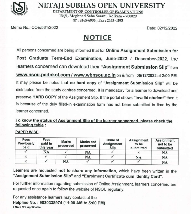 nsou pg assignment submission last date