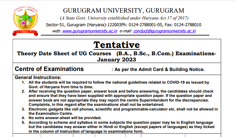 Gurugram University Date Sheet 2023