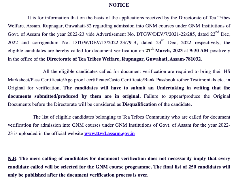 ttwd assam gnm admission 2023 for notification of documents verification