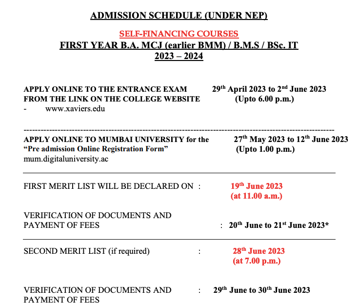 st xaviers college mumbai merit list publishing date schedule 2023