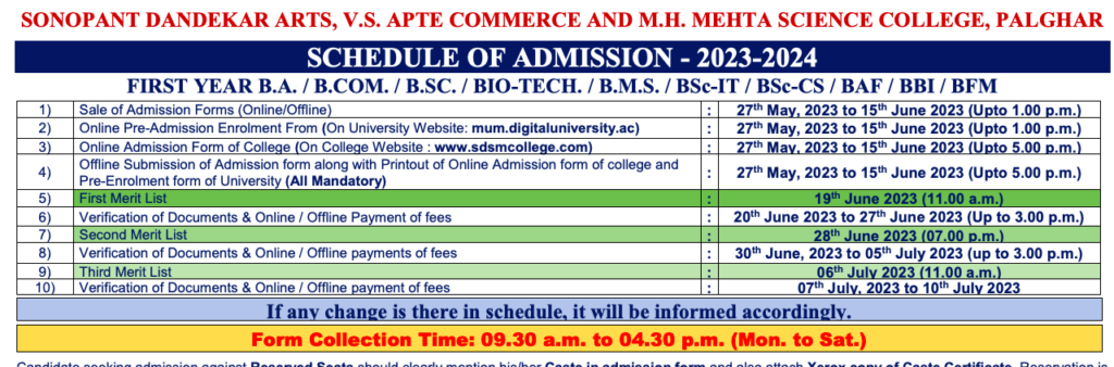 sdsm college merit list download 2024 notice for admission