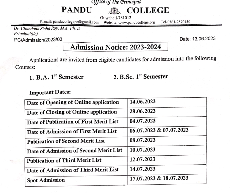 Pandu college ba bsc bcom 1st merit list release schedule 2023 download pdf