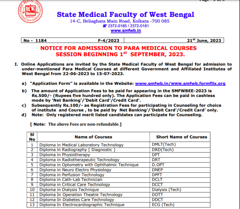 SMFWBEE 2024 Paramedical Course Admission WB, Eligibility, Form