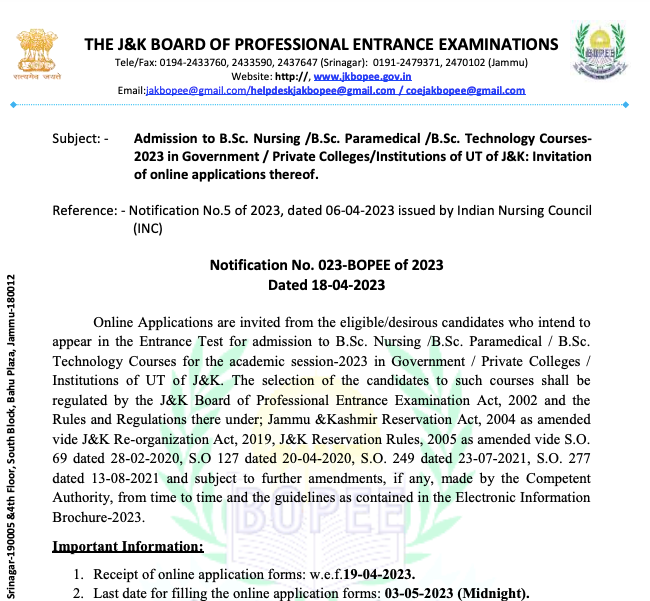 jkbopee b.sc nursing entrance exam notification 2023