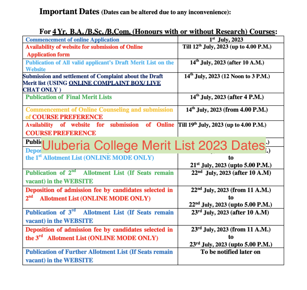 Uluberia College Merit List 2023 publishing date notice schedule for admission 2023-24