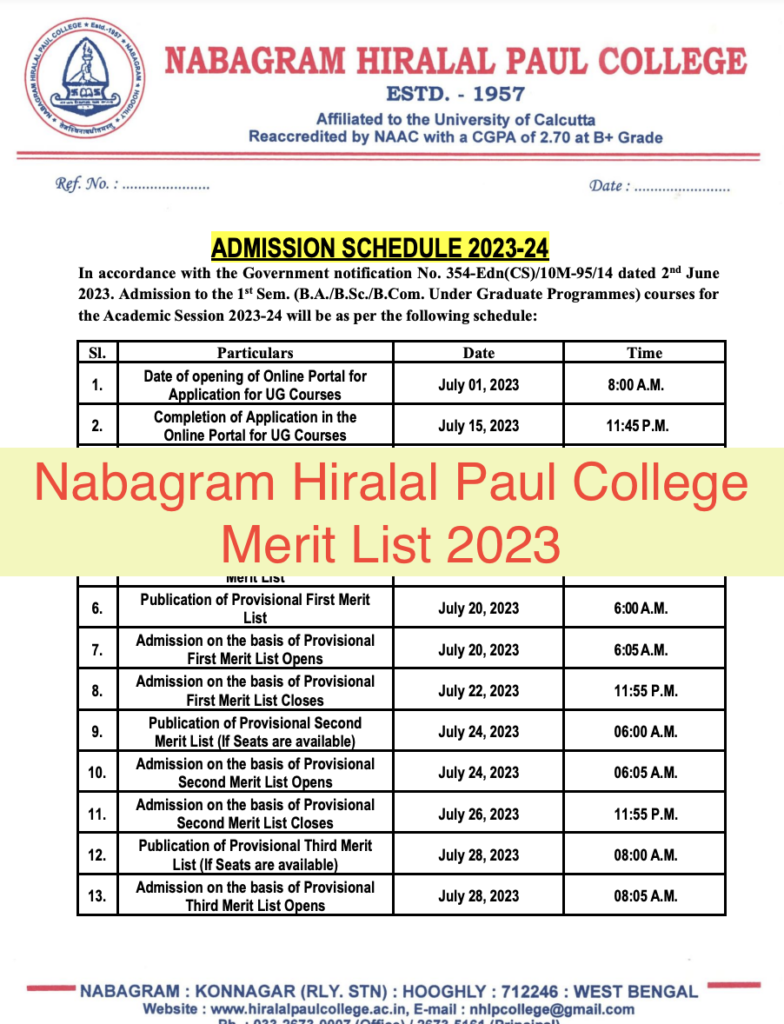 nabagram hiralal paul college merit list publishing date 2024 