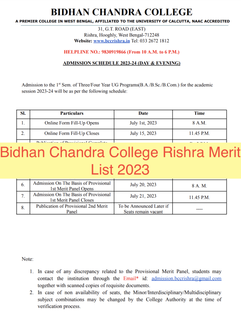 Bidhan Chandra College Rishra Merit List 2023