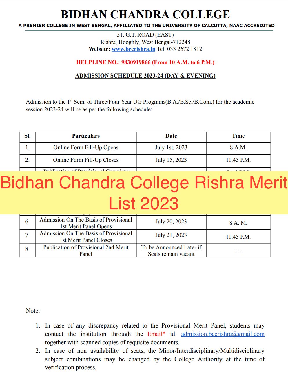 Bidhan Chandra College Rishra Merit List 2024 1st Admission List BA BSC ...