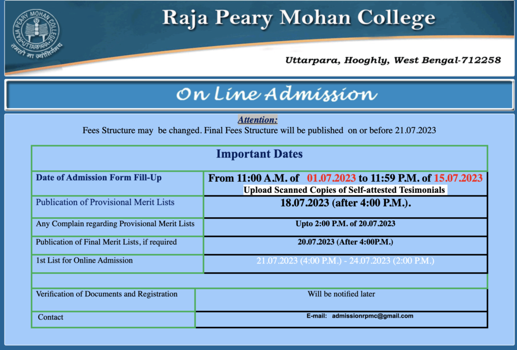 Raja Peary Mohan College Merit List 2023; 1st Admission List