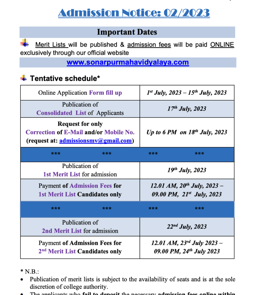 Sonarpur Mahavidyalaya Merit list 2024 ; BA BSc BCom 1st Admission List {out}