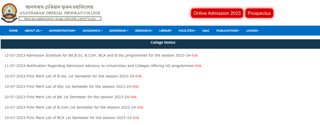 adp college bsc ba b.com 1st semester admission merit list 2023