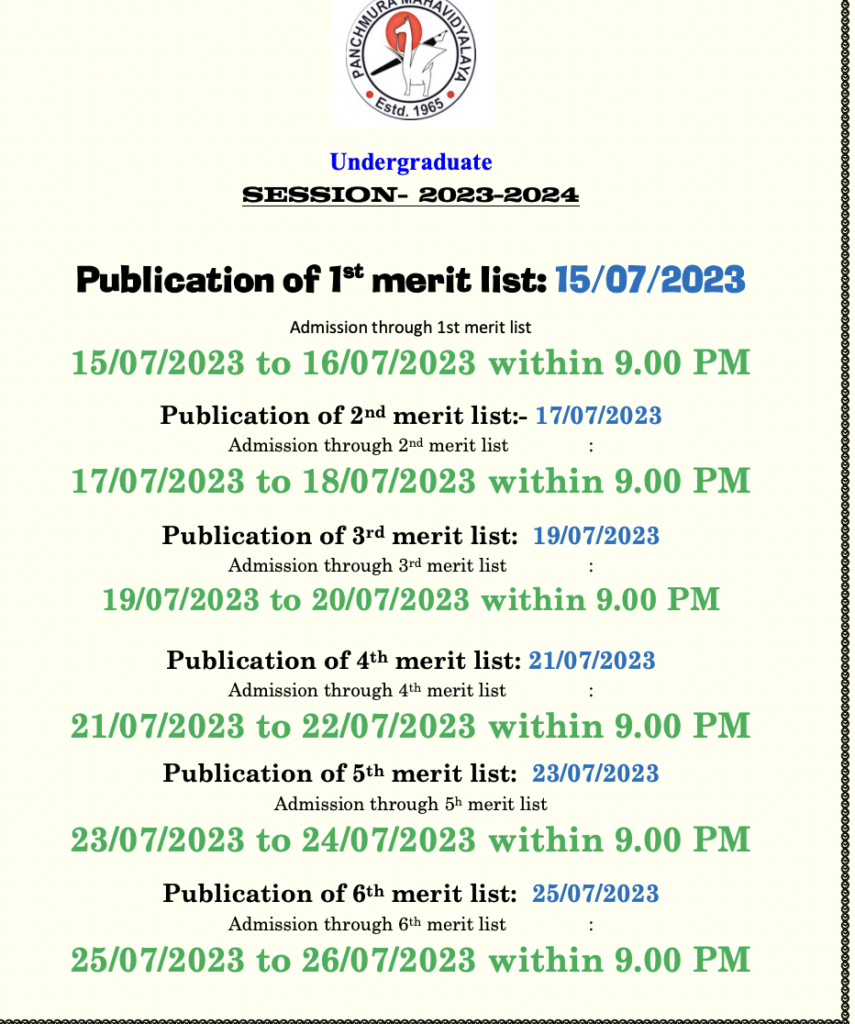 Panchmura Mahavidyalaya Merit List 2024 Download Final List BA / BSc {Released} 15th July