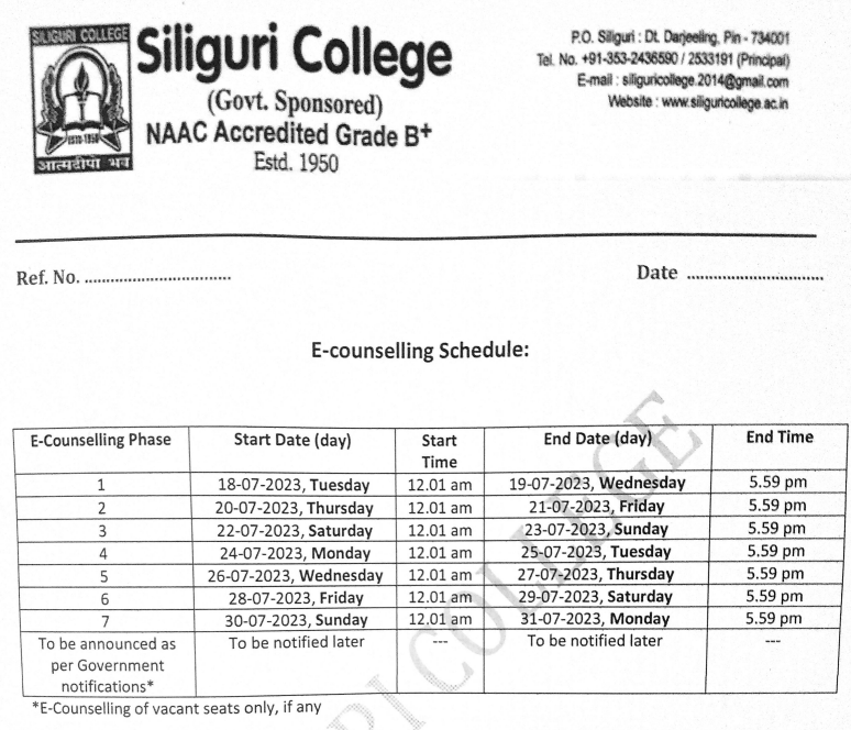 Siliguri College Merit List publishing date - counselling schedule 2023