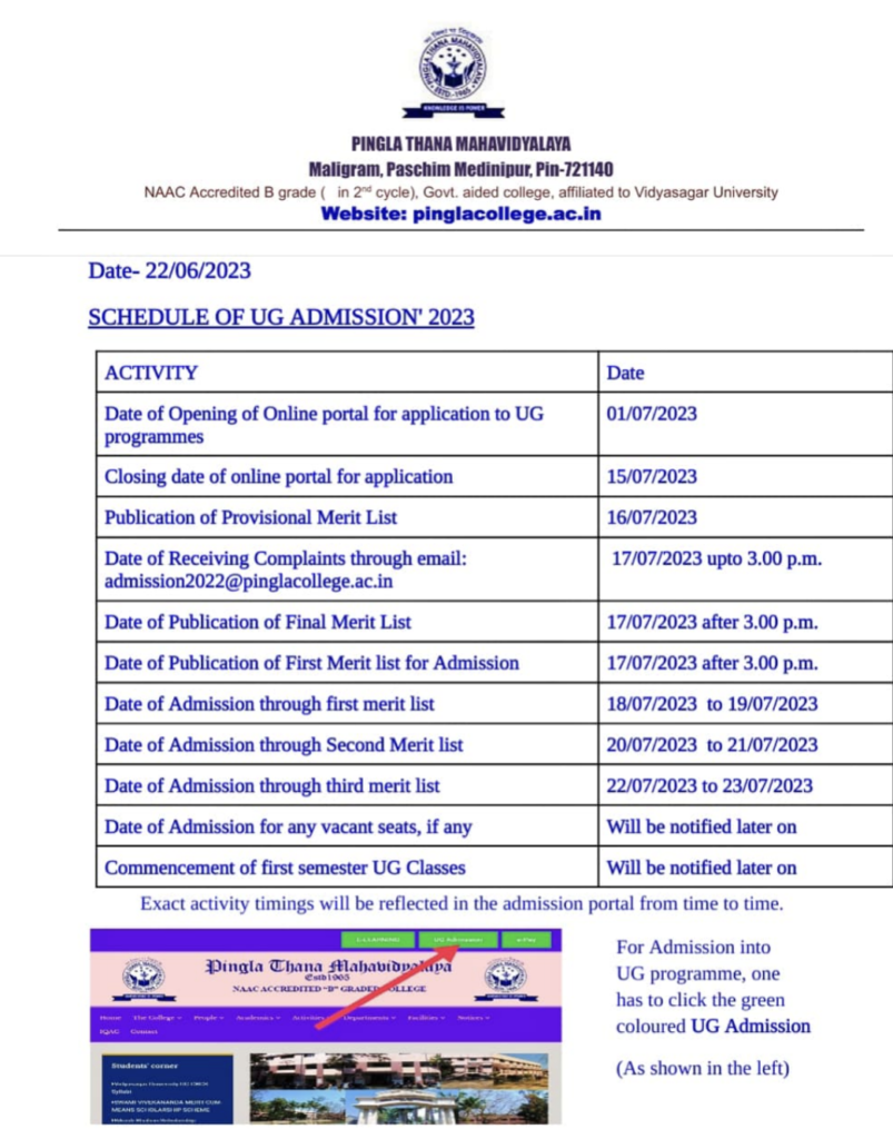 Pingla Thana Mahavidyalaya Merit List 2023 publishing date and notice related to admission