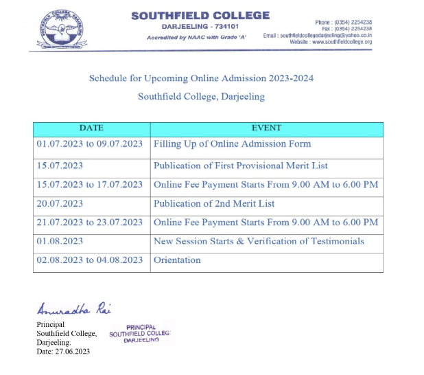 Southfield College merit list publishing schedule notice 2023-24 download
