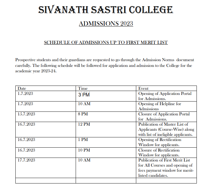 sivanath sastri college admission 2023-24 merit list publishing date