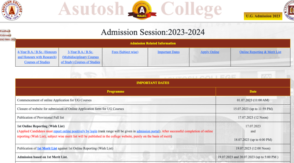 Asutosh College Admission merit list publishing date schedule 2023-24