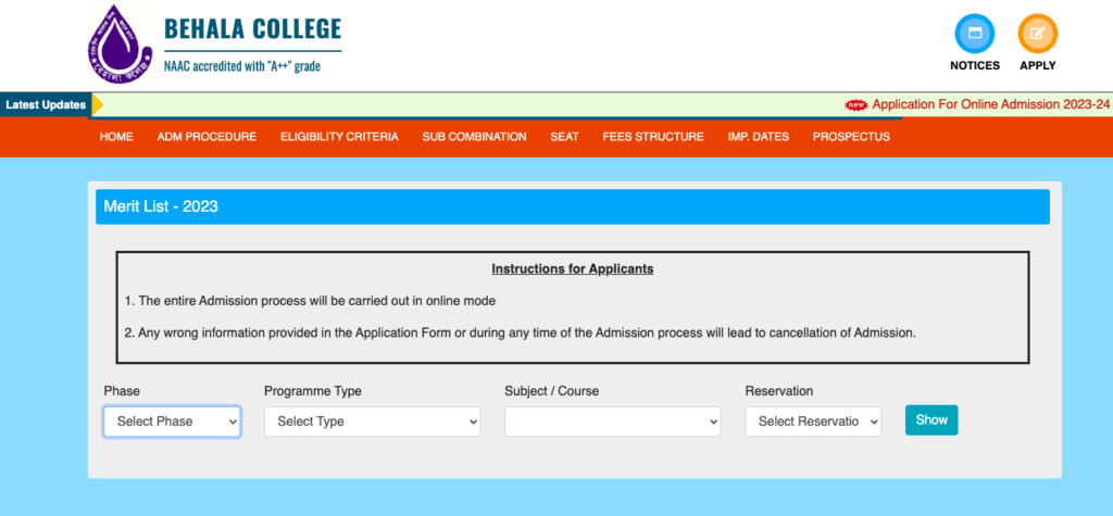 Behala College Merit List - provisional download links 2024