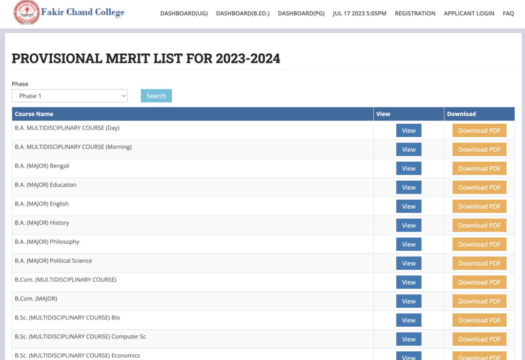 Fakir Chand College merit list download links 2024