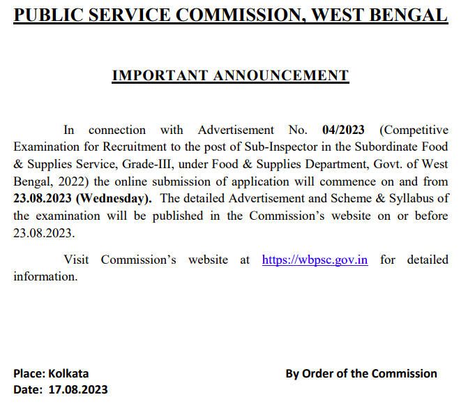wbpsc food si online application date out 2023