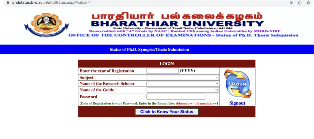 Bharathiar University Online Exam Portal 