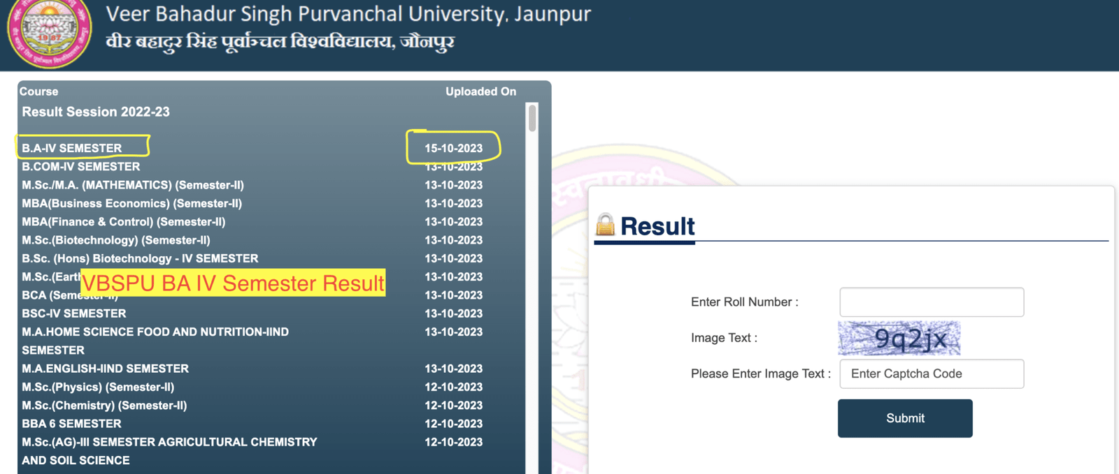VBSPU Result 2024 Semester 1st 2nd 3rd 4th 5th 6th BA BSc {Published}