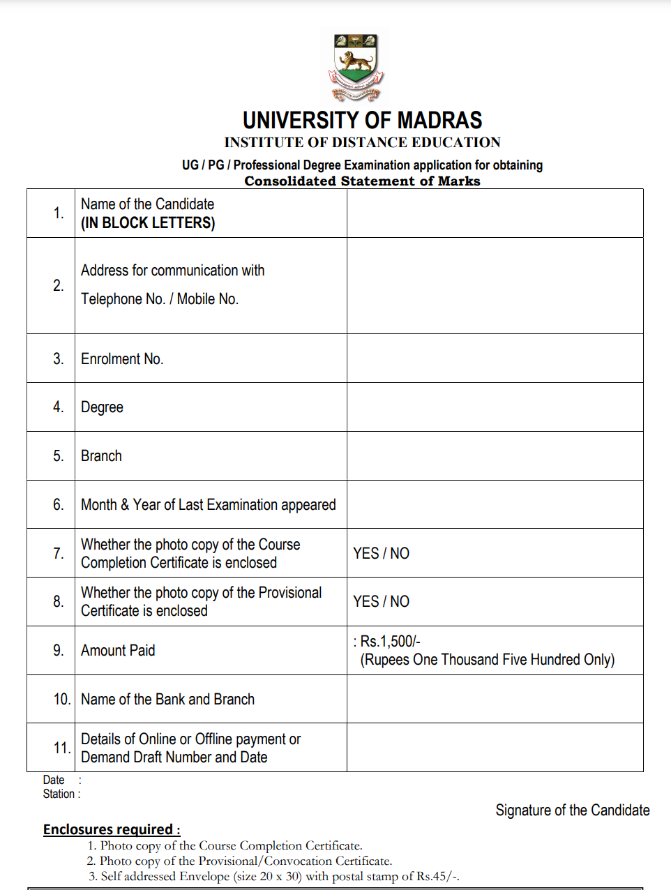 Madras University Consolidated Mark Sheet 2024 Download Online @ideunom ...