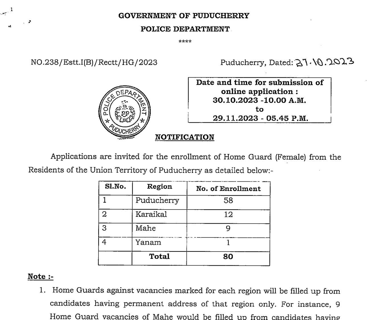 Puducherry Police Home Guard Syllabus 2024 Exam Pattern Download PDF