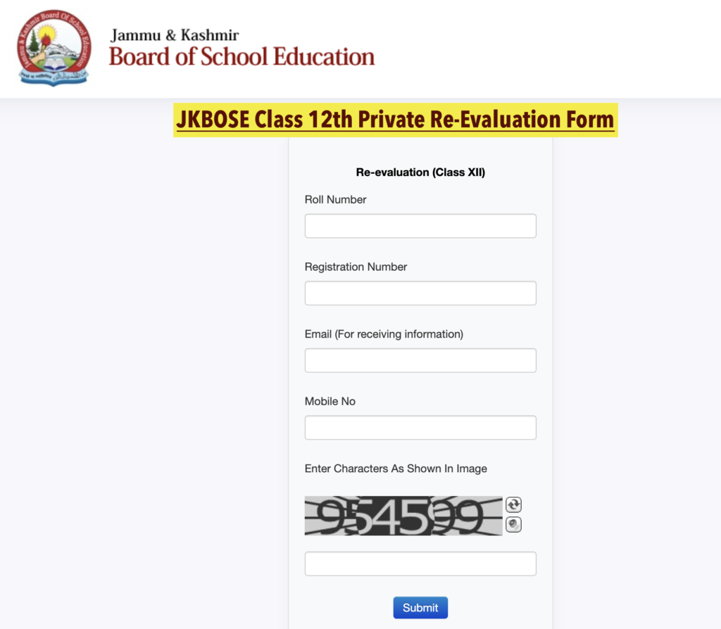 JKBOSE Class 12th Private Re-Evaluation Form