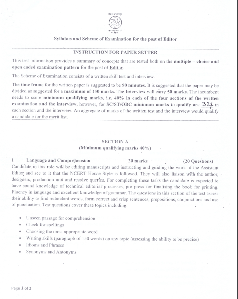 NCERT Syllabus 2024 Assistant Editor & Others