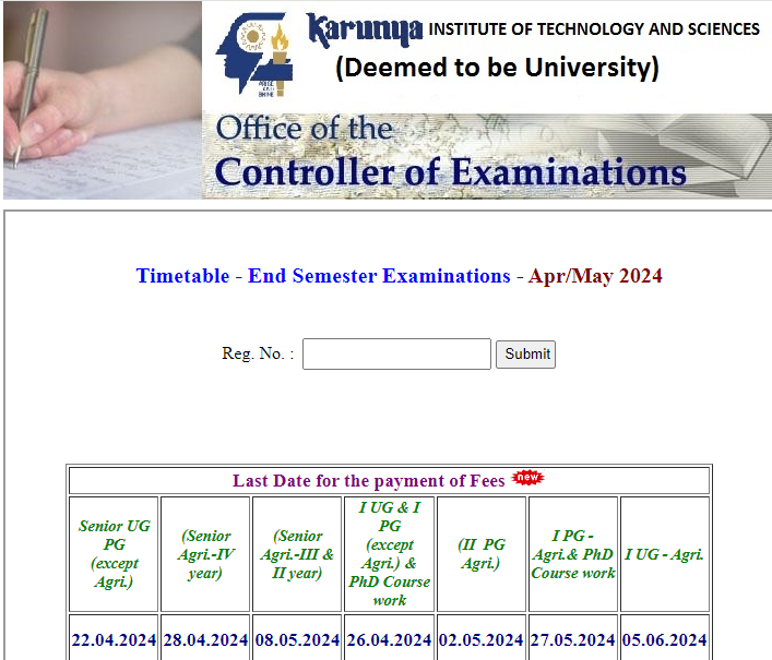 Karunya Exam Time Table Download Online 