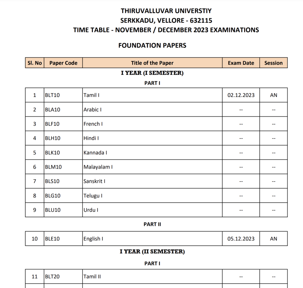 Thiruvalluvar University Exam Time Table