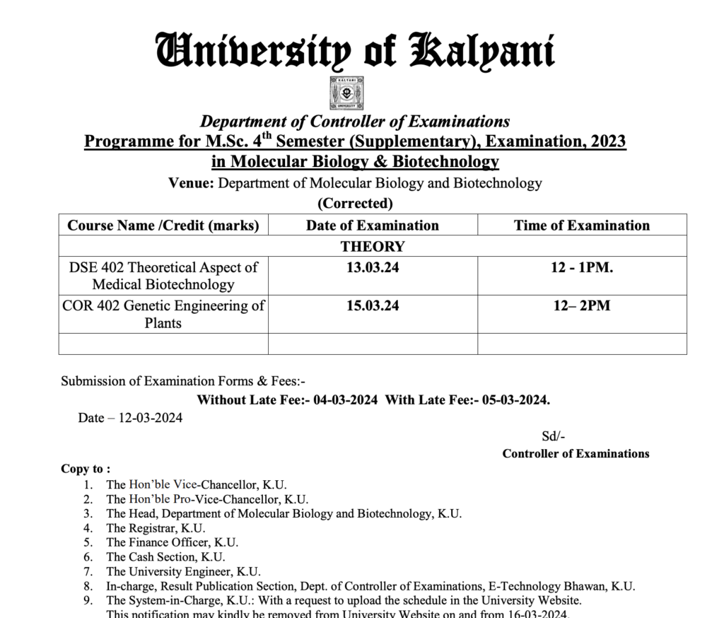 Kalyani University Exam Routine 2024 