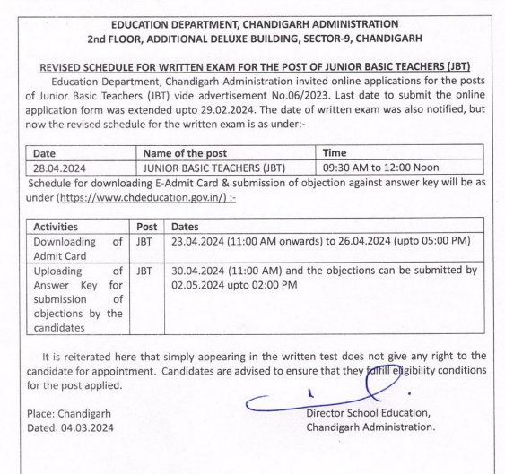 Chandigarh PRT Admit Card 2024