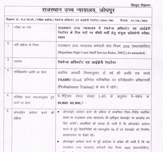 Rajasthan HC Library Restorer Vacancy 31