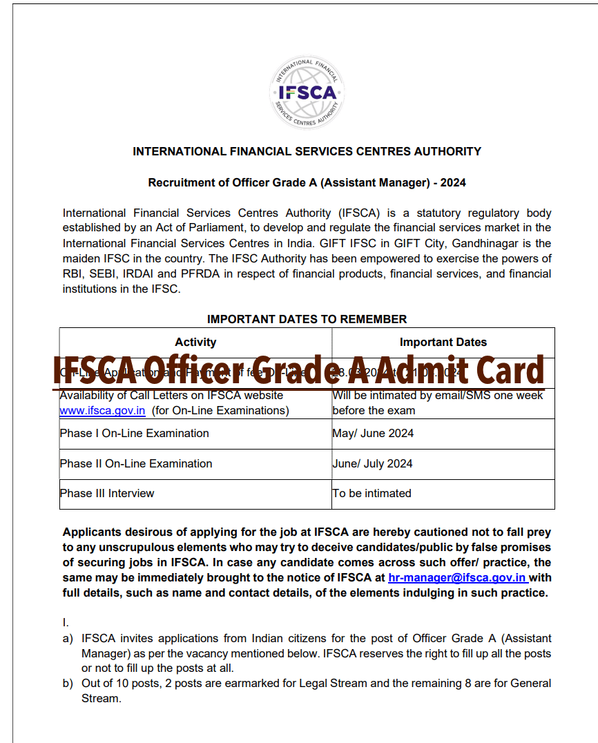 IFSCA Officer Grade A Admit Card 2024 {Vacancy 10} Download Exam Date ...