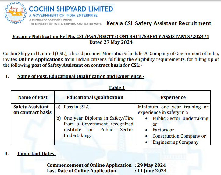 Kerala CSL Safety Assistant Vacancy for 34