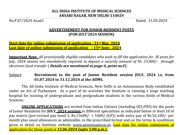 AIIMS Delhi Junior Resident Recruitment 2024