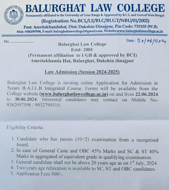 Balurghat Law College Merit List 2024