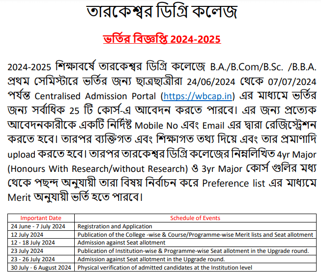 Tarakeswar Degree College Merit List 2024