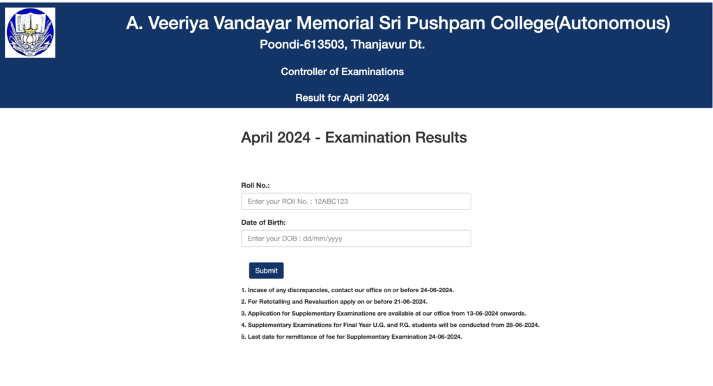 AVVM Sri Pushpam College Result 2025