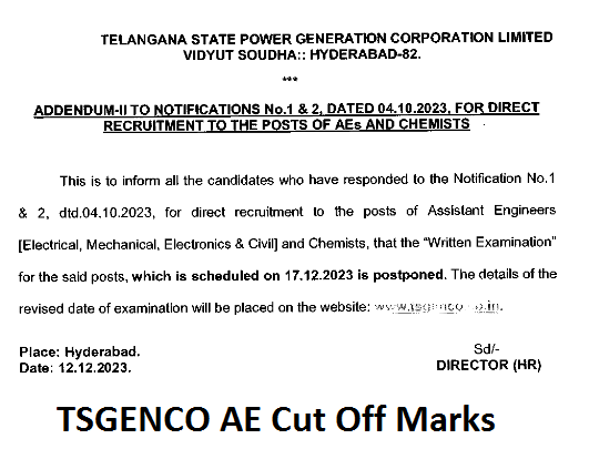 TSGENCO AE Cut Off Marks Online download